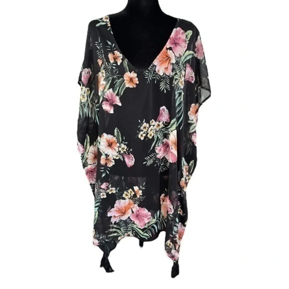 Kona Sol Black Tropical Sheer Swim Cover Up